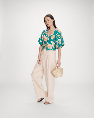 Top en lin imprimé floral col V vert Vahe