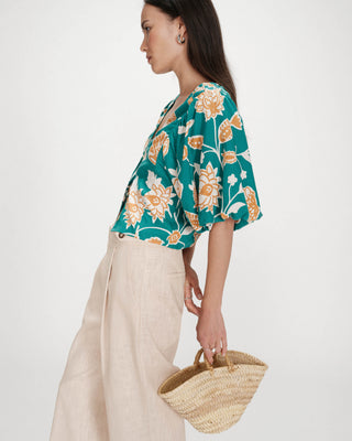 Top en lin imprimé floral col V vert Vahe