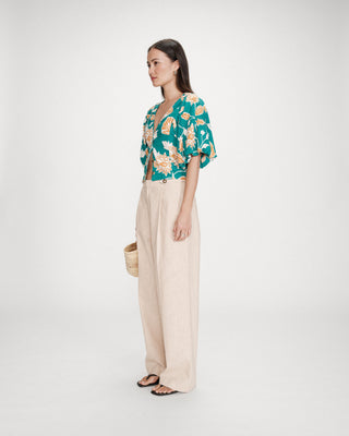 Top en lin imprimé floral col V vert Vahe