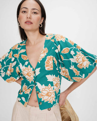 Top en lin imprimé floral col V vert Vahe
