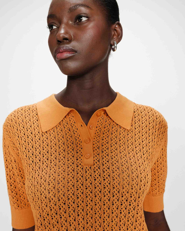 Fine openwork knit short-sleeve polo gold Vathi