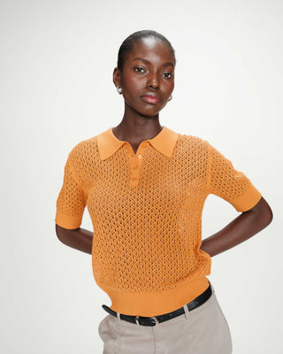 Fine openwork knit short-sleeve polo gold Vathi