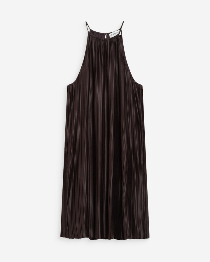 Robe courte plissée à encolure américaine chocolat Wilona