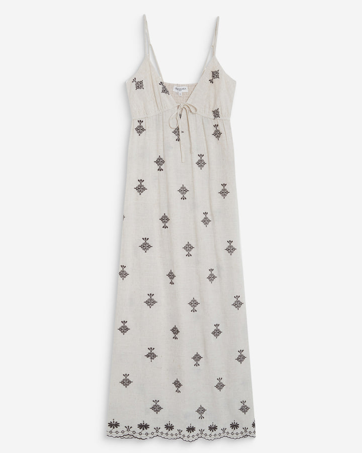 Robe longue bohème évasée à broderies chocolat Wilora