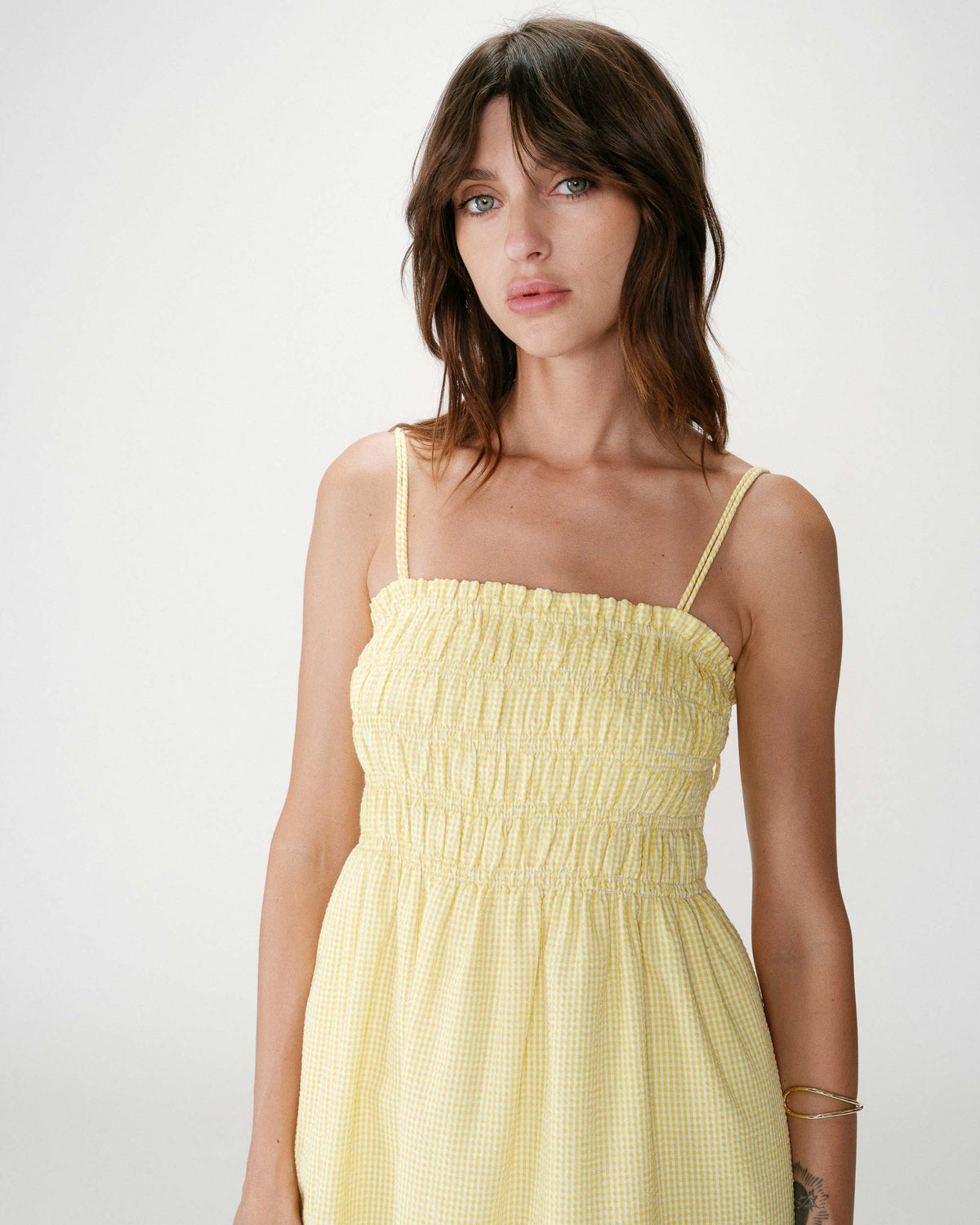 Robe courte en coton à carreaux vichy jaune Willa