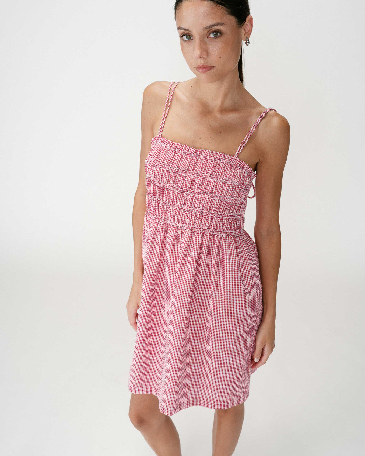 Short cotton gingham check dress rouge Willa