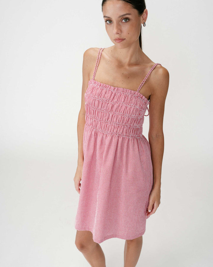 Short cotton gingham check dress rouge Willa