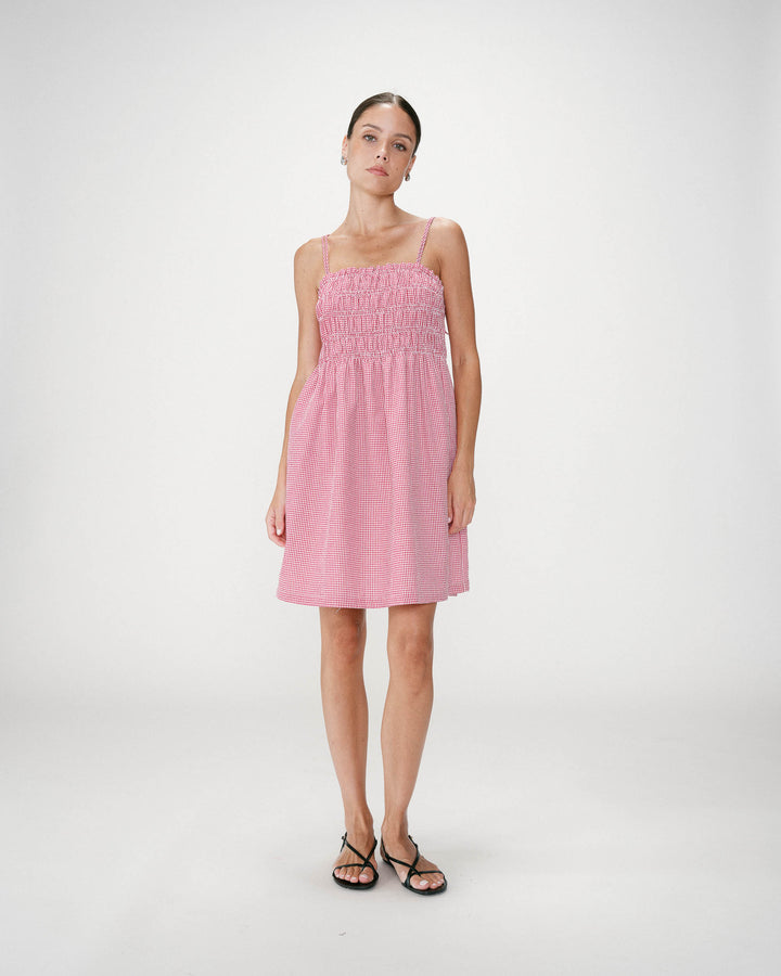 Short cotton gingham check dress rouge Willa
