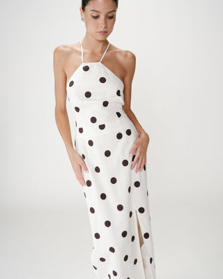 Robe longue ajustée à pois dos nu ecru Wyella