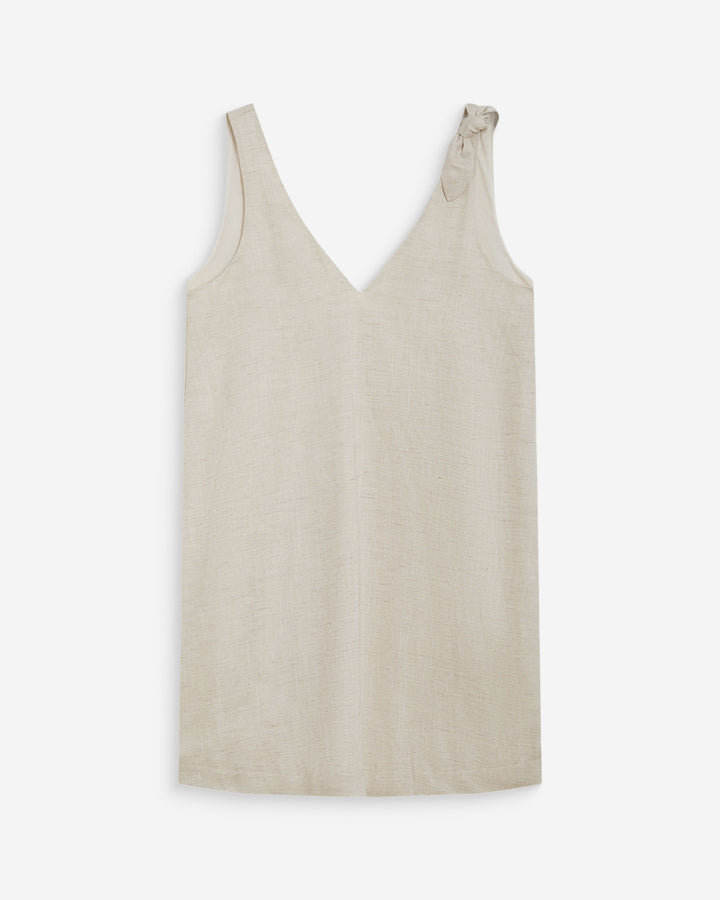 Robe courte évasée en lin col V sable Wynette