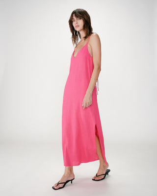 Robe longue en lin col V dos nu à nouer fuchsia Wendra
