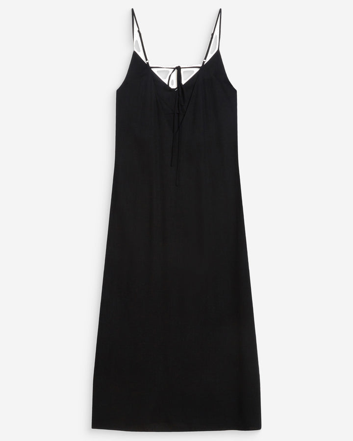 Long linen dress with V-neck and tied open back noir Wendra