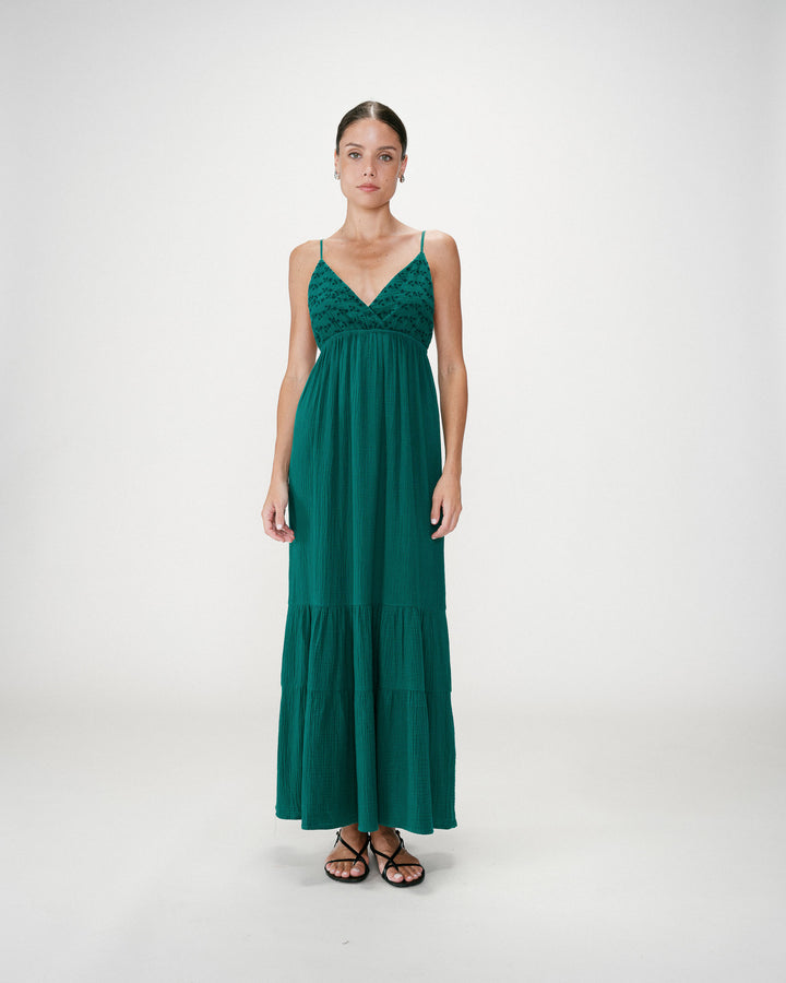 Flowing long cotton V-neck dress with straps emeraude Wynora
