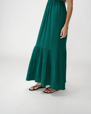 Robe longue fluide en coton col V à bretelles emeraude Wynora