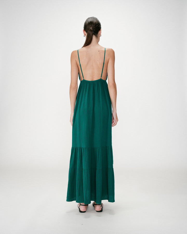 Flowing long cotton V-neck dress with straps emeraude Wynora