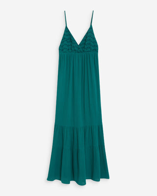 Robe longue fluide en coton col V à bretelles emeraude Wynora