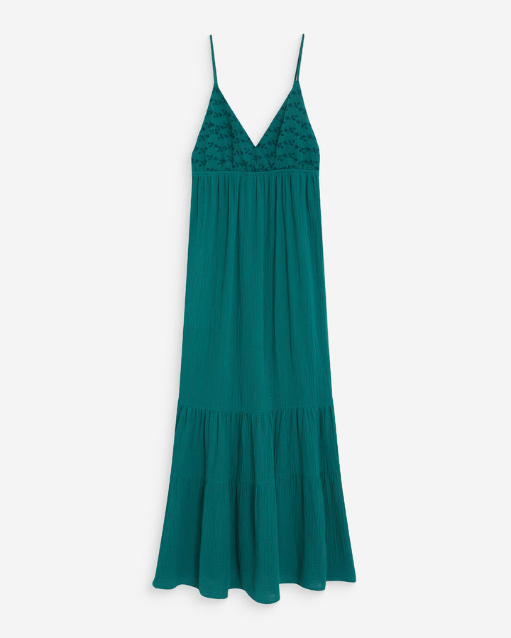 Flowing long cotton V-neck dress with straps emeraude Wynora