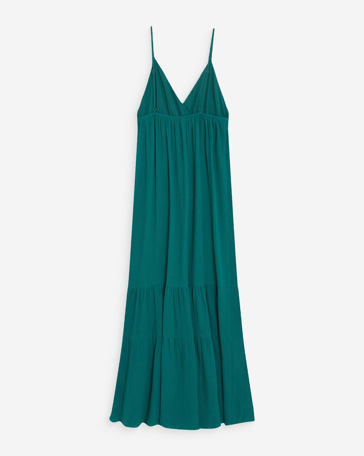Flowing long cotton V-neck dress with straps emeraude Wynora