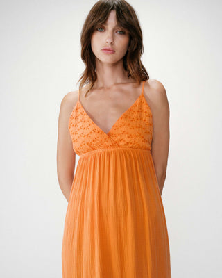 Robe longue fluide en coton col V à bretelles orange Wynora