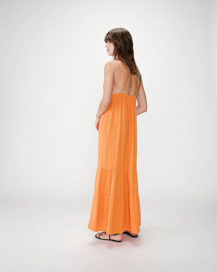 Flowing long cotton V-neck dress with straps orange Wynora