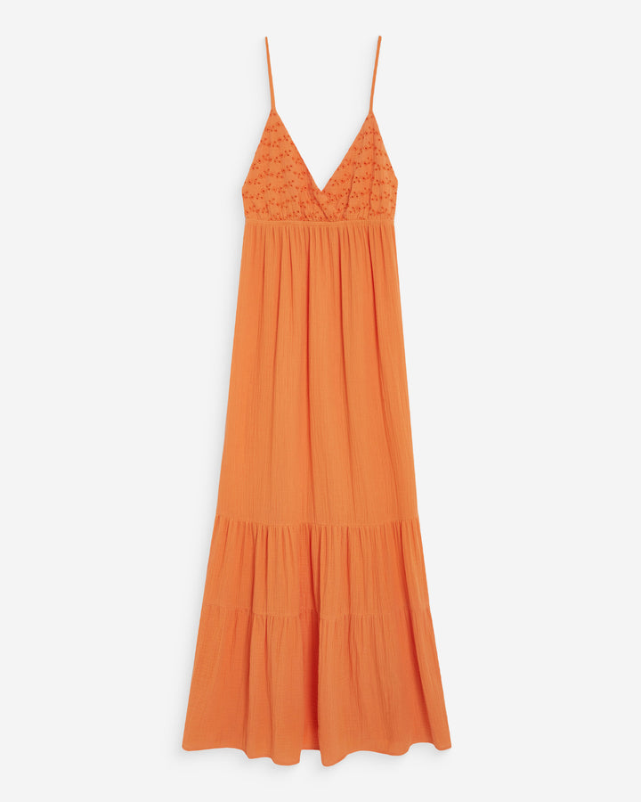 Flowing long cotton V-neck dress with straps orange Wynora