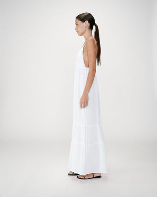 Robe longue fluide en coton col V à bretelles white Wynora