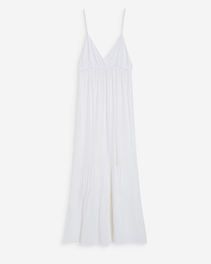 Flowing long cotton V-neck dress with straps white Wynora