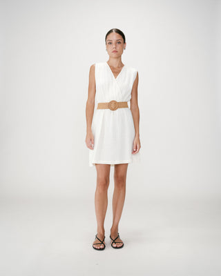 Robe courte en gaze de coton ceinturée ecru Wrenna