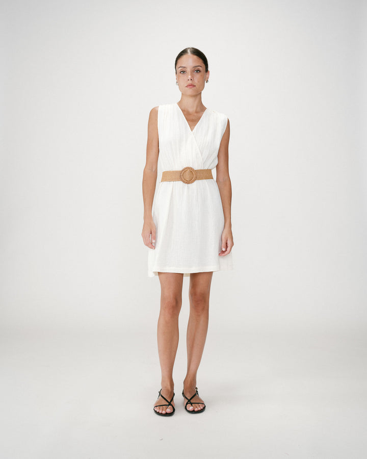 Robe courte en gaze de coton ceinturée ecru Wrenna