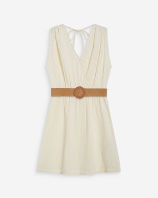 Robe courte en gaze de coton ceinturée ecru Wrenna