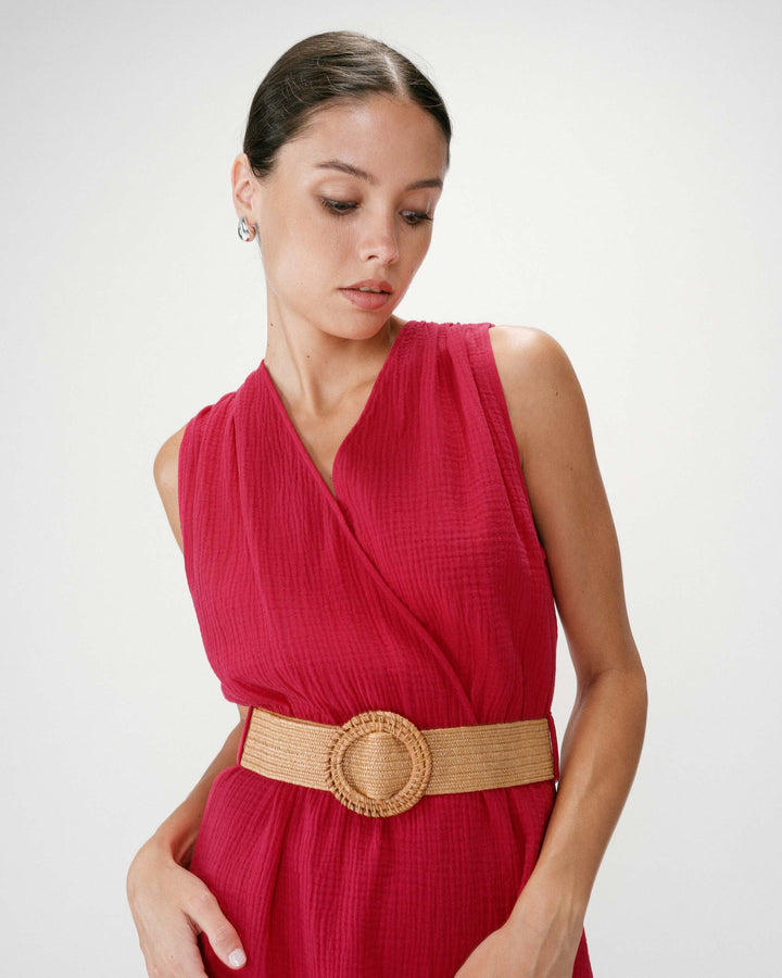 Robe courte en gaze de coton ceinturée fuchsia Wrenna