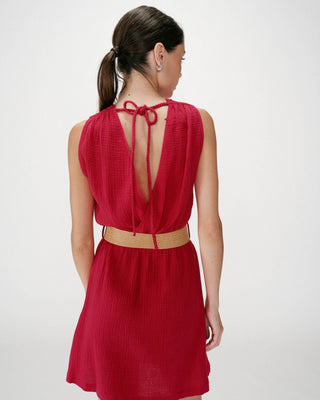 Robe courte en gaze de coton ceinturée fuchsia Wrenna