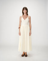 Robe longue évasée col V en broderie anglaise jaune Wimala