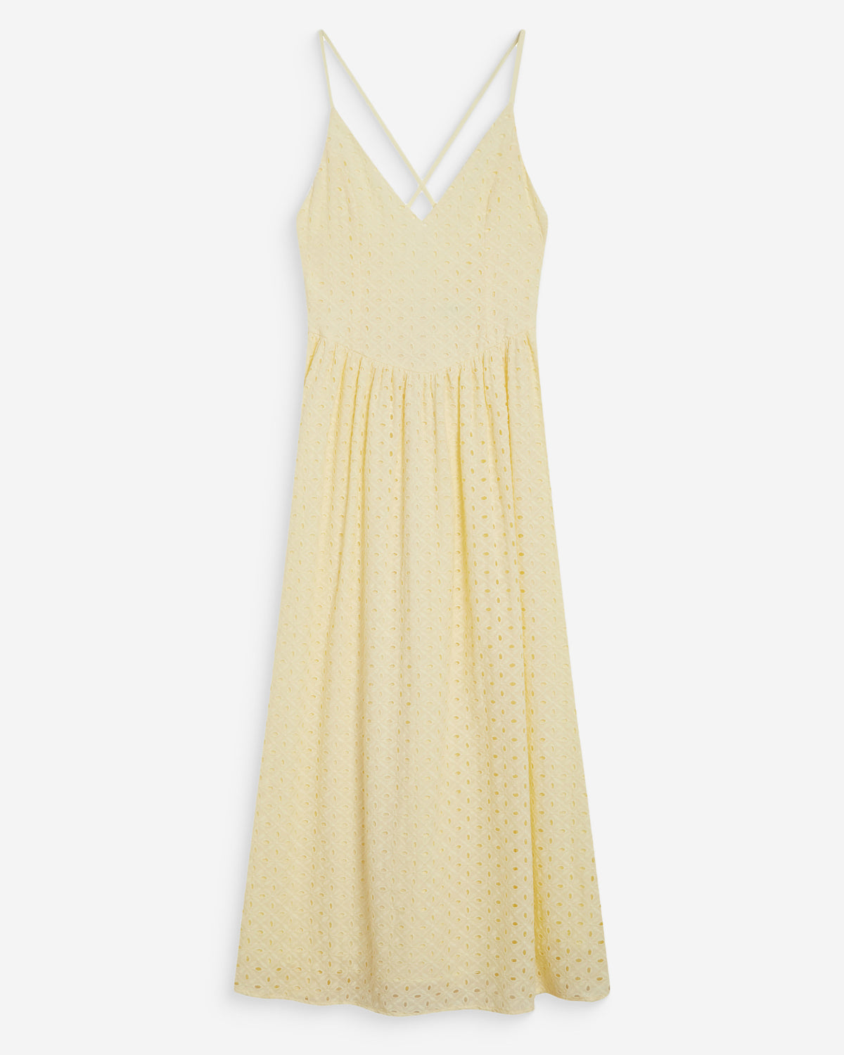 Robe longue évasée col V en broderie anglaise jaune Wimala