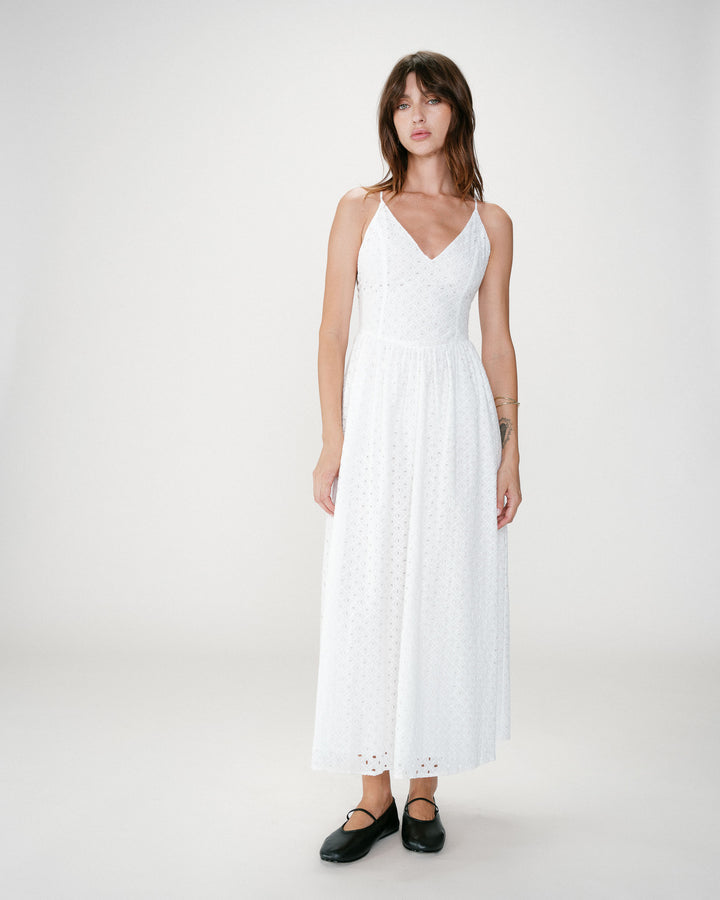 Flared long V-neck eyelet dress white Wimala