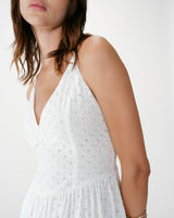 Flared long V-neck eyelet dress white Wimala