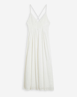 Robe longue évasée col V en broderie anglaise white Wimala