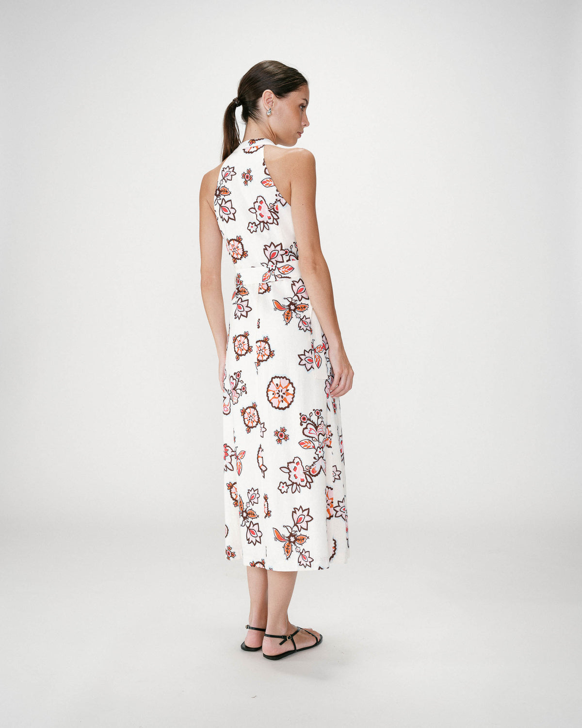 Robe midi ceinturée col V imprimé floral ecru Wink