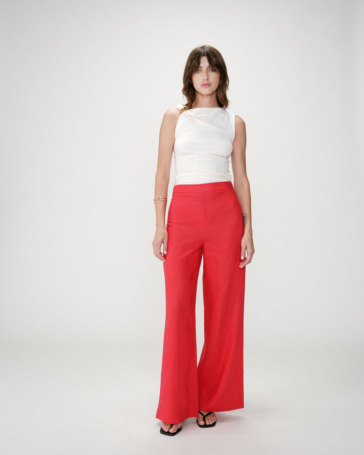 Pantalon droit taille haute jambes larges en lin rouge Wesley