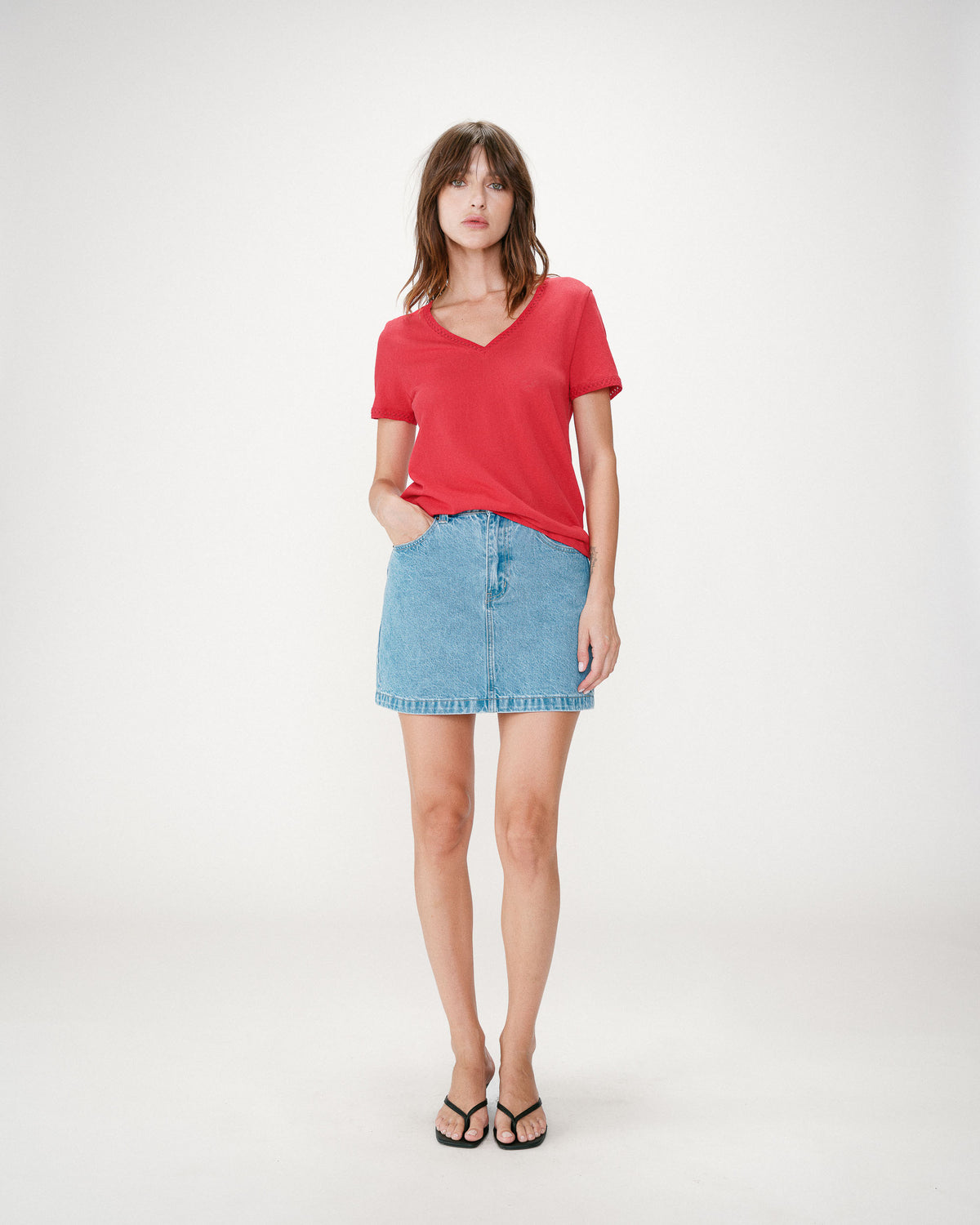 Straight V-neck short-sleeve top rouge Willem