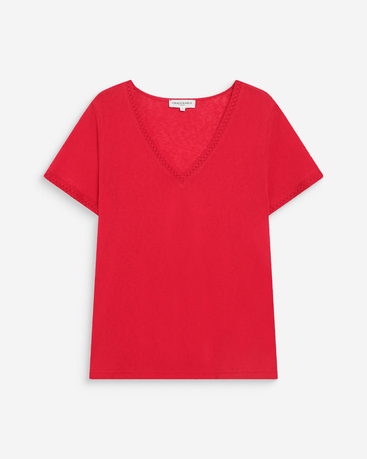 Straight V-neck short-sleeve top rouge Willem