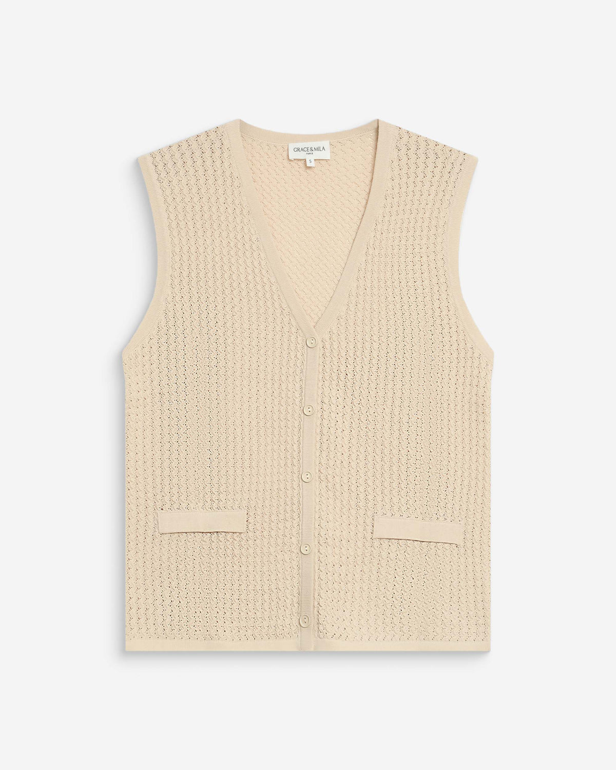 Cardigan en maille ajourée col V sans manches beige Wayne