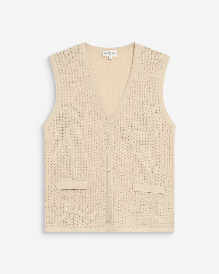 Cardigan en maille ajourée col V sans manches beige Wayne