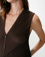 Cardigan en maille ajourée col V sans manches chocolat Wayne