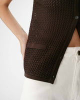 Cardigan en maille ajourée col V sans manches chocolat Wayne