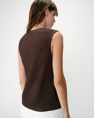 Cardigan en maille ajourée col V sans manches chocolat Wayne