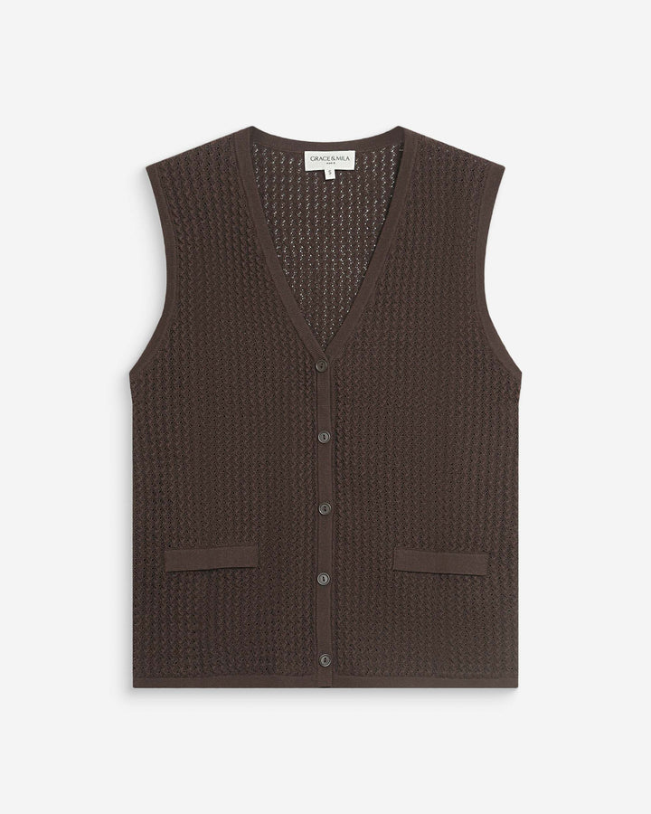 Cardigan en maille ajourée col V sans manches chocolat Wayne