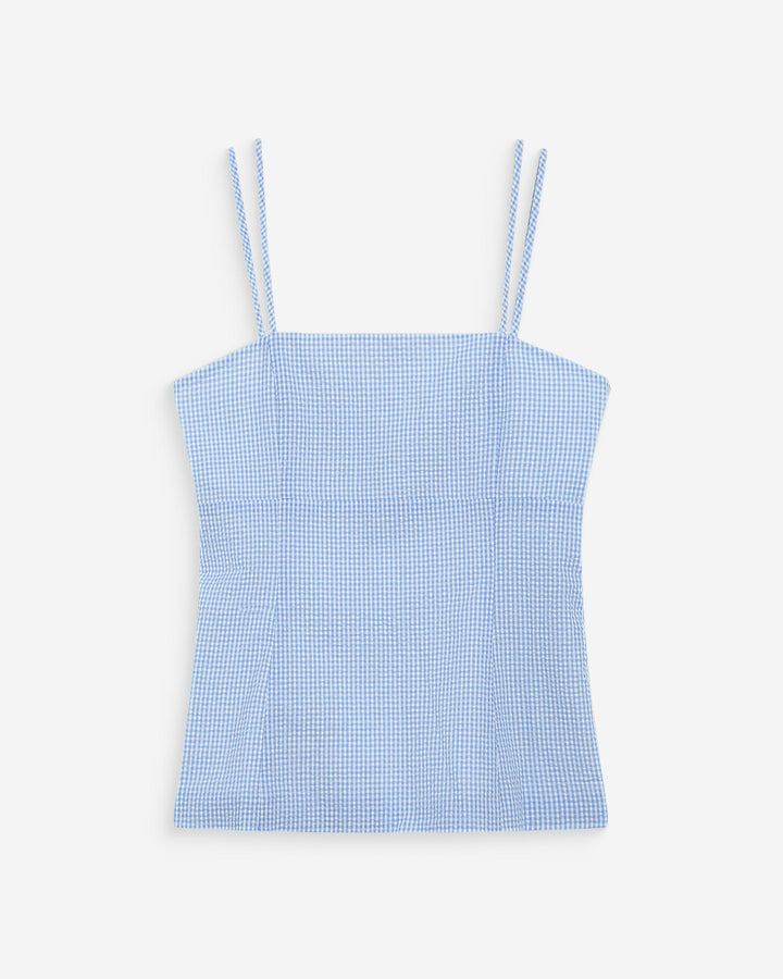 Top en coton vichy ajusté col carré ciel Wynel