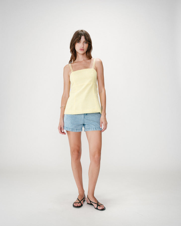 Top en coton vichy ajusté col carré jaune Wynel