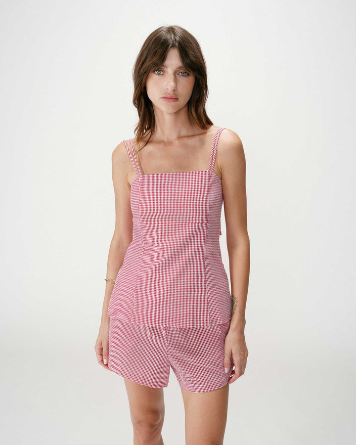 Fitted gingham cotton square-neck top rouge Wynel